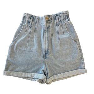 Zara Light Wash Distressed High Waist Paperbag Pleated Cotton Denim Jean Shorts